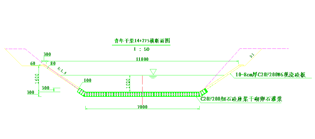 青年干渠(铁路桥以下渠段)渠道横断面结构图