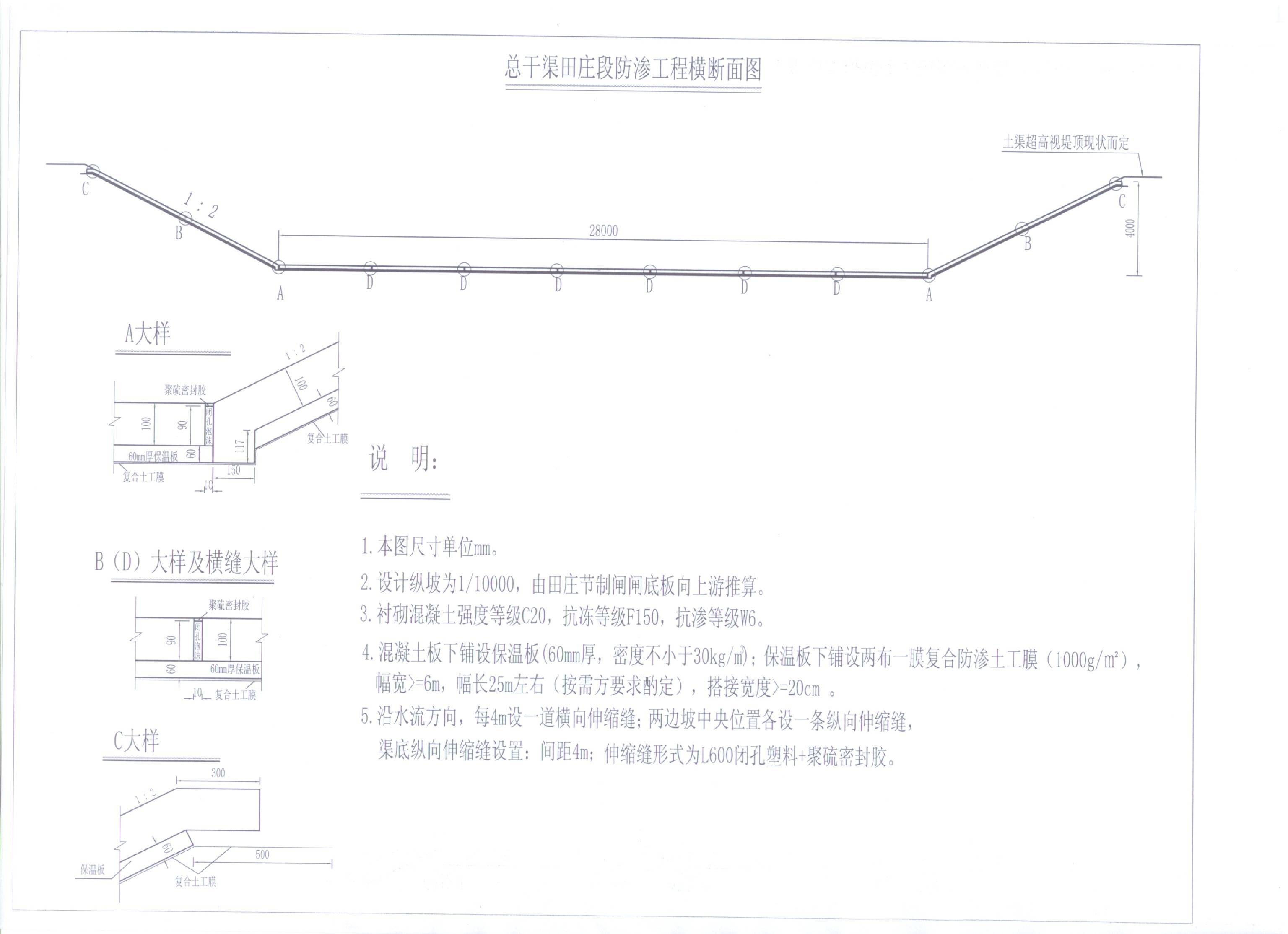 总干渠田庄段混凝土防渗横断面结构图