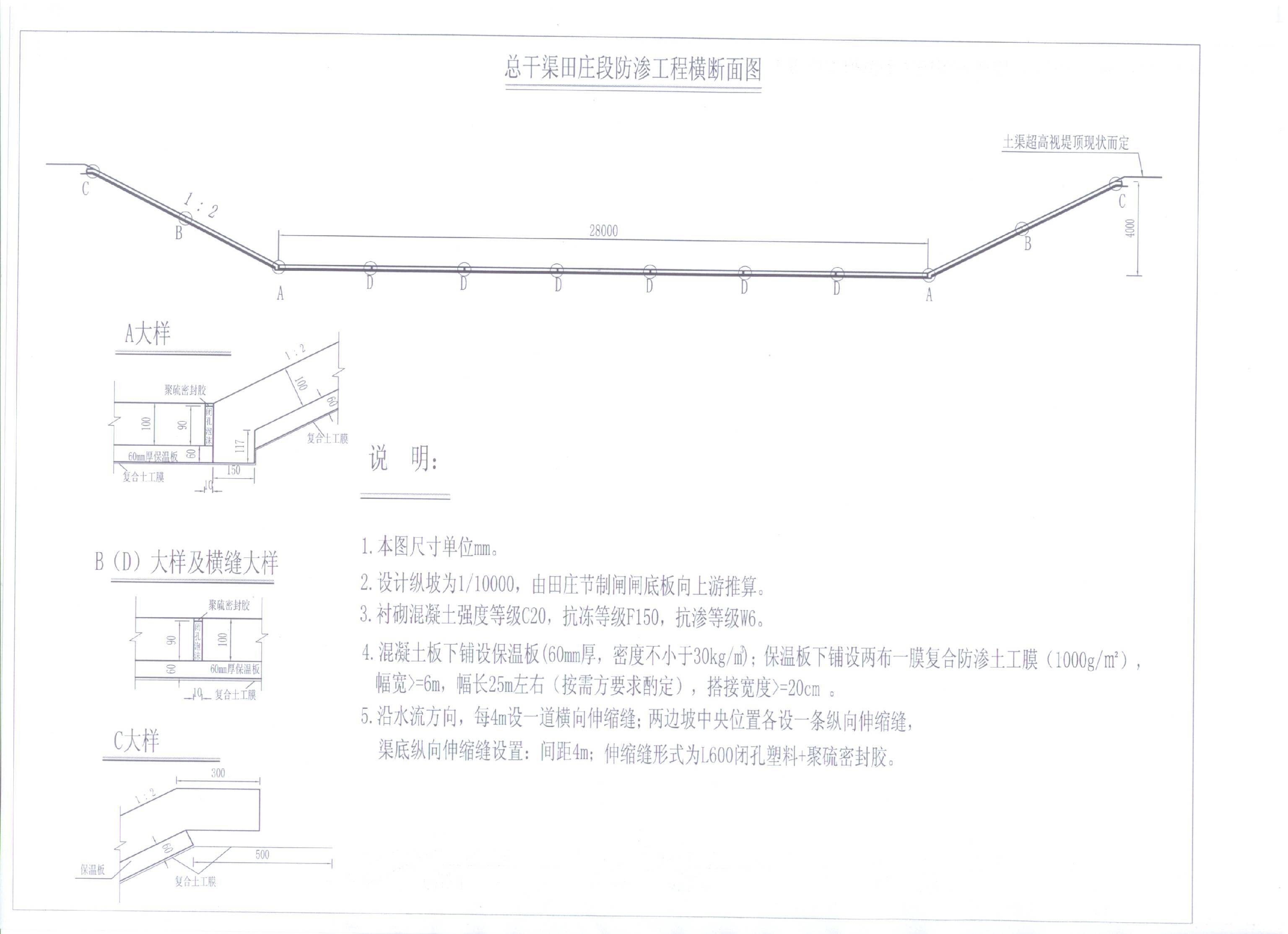 总干渠田庄段混凝土防渗横断面结构图