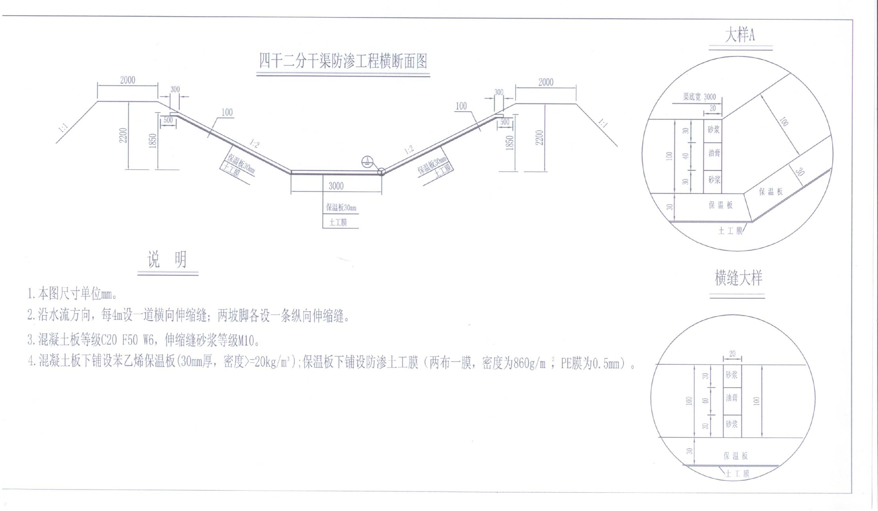 四干二分干渠混凝土防渗横断面结构图