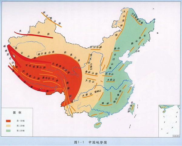 中国地形复杂,地势西高东低